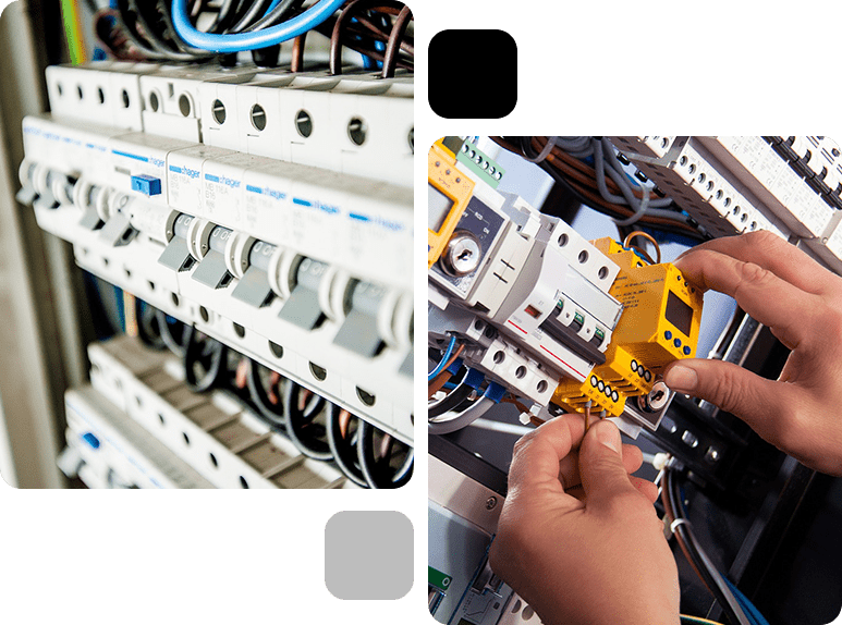 A technician's hands installing a circuit breaker in an electrical panel, surrounded by various wired components.