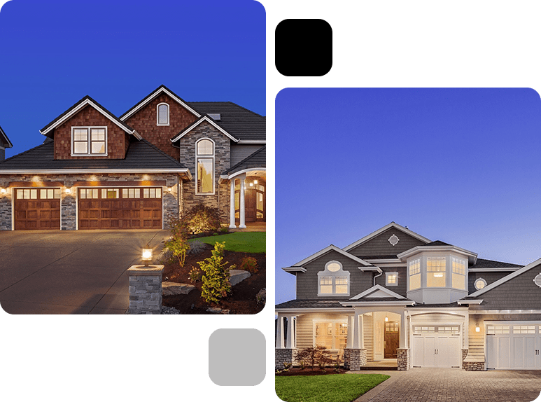 Two suburban houses at dusk with lit exteriors; one with a brown roof and triple garage, the other gray with a double garage.