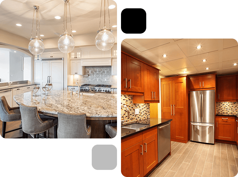 Two different kitchen designs: on the left, a modern kitchen with hanging lights and bar chairs; on the right, a traditional kitchen with wood cabinets and built-in appliances.