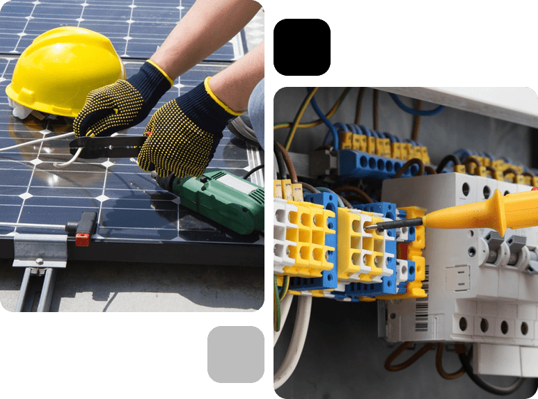A split image showing a worker installing a solar panel on the left, and hands wiring an electrical panel on the right.