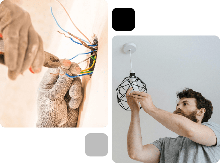 Two images side by side: on the left, a person's hands with protective gloves working on electrical wiring; on the right, a man installing a light fixture on the ceiling.